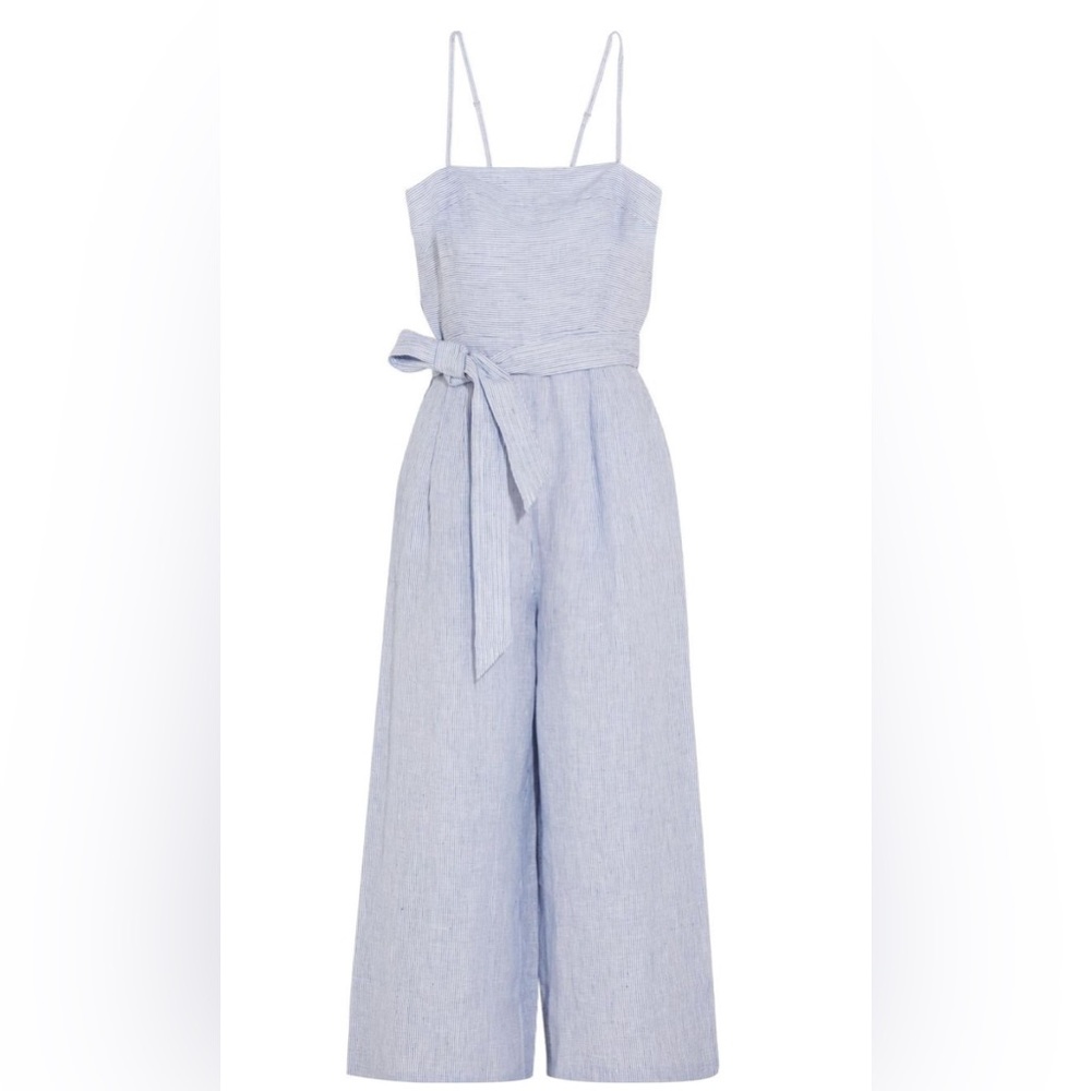 JCrew Linen Blue and White Pinstripe Seersucker Jumpsuit